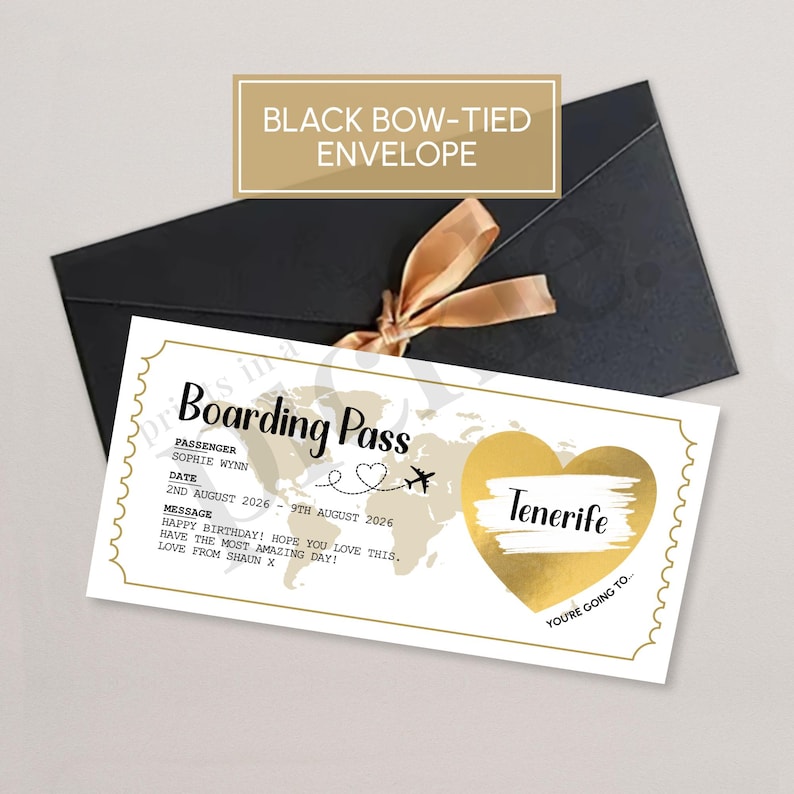 Personalised boarding pass holiday reveal scratch card with black ribbon envelope