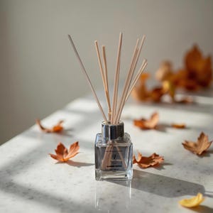 May include: A clear glass aromatherapy diffuser with wooden reeds. The square bottle has a silver collar and is surrounded by fallen autumn leaves. The diffuser is labeled "Blossom Garden".