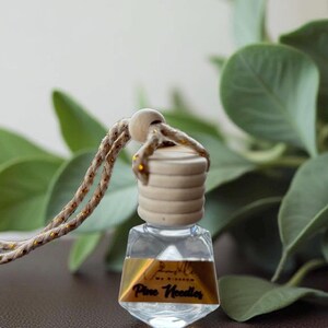 May include: A small, clear glass bottle with a wooden cap and a rope for hanging. The bottle has a gold label with the text "Pine Needles". The background features green leaves.