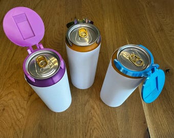 May include: Three reusable beverage containers with different colored lids. The lids are purple, orange, and blue. The containers are white with a silver top.