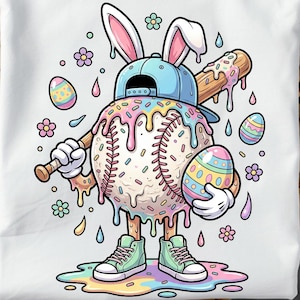 May include: White t-shirt featuring a baseball-shaped character with bunny ears, a baseball bat, and colorful Easter eggs. The character wears a blue cap and mint green sneakers. The design includes pastel colors and floral accents.