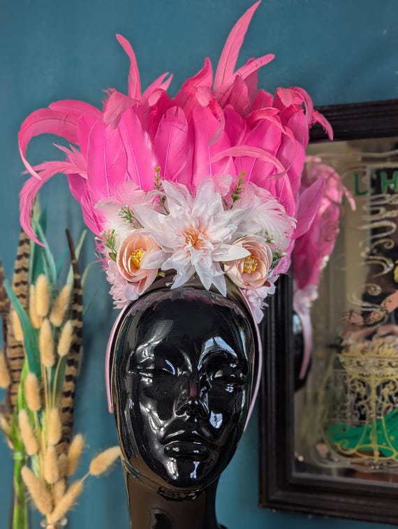 Pink Floral Feather Headdress, Headpiece - Etsy display picture 3