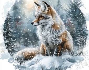May include: A circular digital illustration featuring a fox with orange and white fur sitting in a snowy forest. The scene includes dark evergreen trees, falling snowflakes, and a pale moon in the background. The artwork has a watercolour effect.