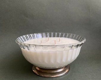 All Natural Soy Wax Large Candle Hand Poured In Vintage  Bowl | Vanilla & Wafle Scent