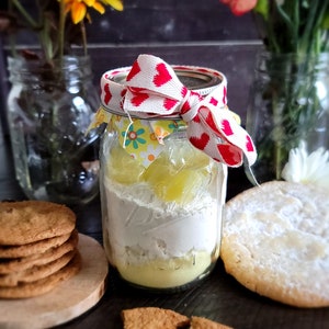 May include: A clear glass mason jar filled with layered dry baking ingredients, topped with a white fabric lid cover featuring a red heart pattern and a tied ribbon. The jar is surrounded by several round brown cookies and broken cookie pieces.