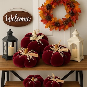 May include: A fall-themed display featuring burgundy velvet pumpkins with raffia accents, a decorative leaf wreath, and lanterns with lit candles. A wooden sign with the word "Welcome" hangs on the wall.