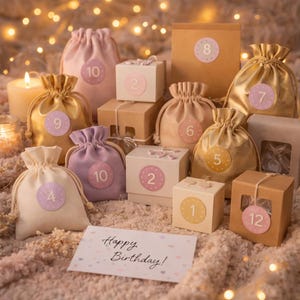 May include: An assortment of gift bags and boxes in various colors, including gold, pink, and beige, arranged on a soft, textured surface. Each bag and box is labeled with a number from 1 to 12. A card with the text "Happy Birthday!" is also present.