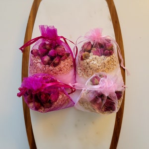 Indulge in the Romance of our Rose Bath Sachet Bundle - Epsom Salt and Oats Infused with Fragrant Rose Herbs for a Soothing Bath Ritual. Caution: Herbs may accumulate in the tub; do not open the sachet for an optimal bathing experience