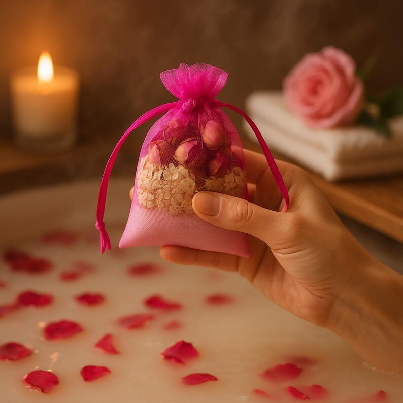 Indulge in the Romance of our Rose Bath Sachet Bundle - Epsom Salt and Oats Infused with Fragrant Rose Herbs for a Soothing Bath Ritual. Perfect for gifting relaxation!