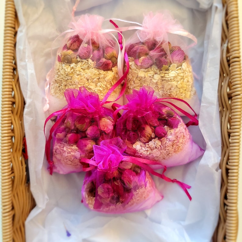Indulge in the Romance of our Rose Bath Sachet Bundle - Epsom Salt and Oats Infused with Fragrant Rose Herbs for a Soothing Bath Ritual