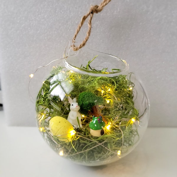 Upcycled Artificial Terrarium Glass with Light, Moss, and Mini Figure Decorations - Unique Eco-Friendly Night Light Gift for Home Decor