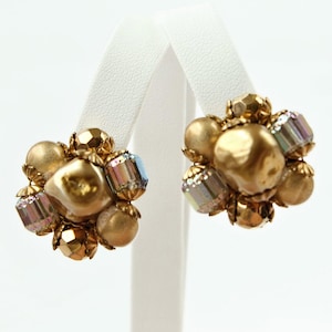 Tan Goldtone Iridescent Bead Cluster Clip Earrings