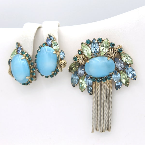 Statement Aqua Moonglow Glass Cabochon Brooch & Earrings Set