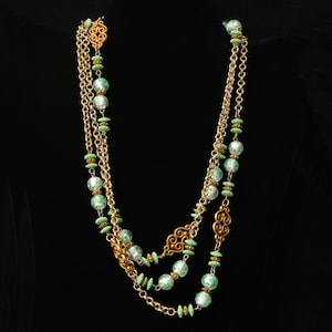 Long Station Necklace with Green and White Beads