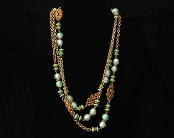Long Station Necklace with Green and White Beads