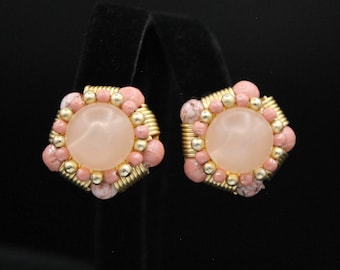 5-Sided Peach Frosted Cab Clip Earrings Vintage 1980s