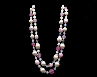 Vintage 2-Strand Pink and White Japan Necklace with Floral Beads