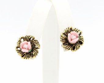 Antiqued Goldtone Earrings with Pink Bisque Rose