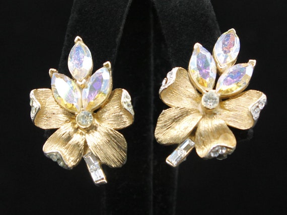 Vendôme Flower Clip Earrings with Rhinestone Acce… - image 1