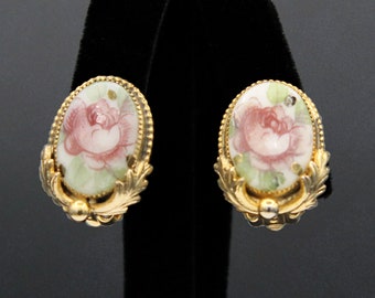 Whiting & Davis Handpainted Rose Earrings