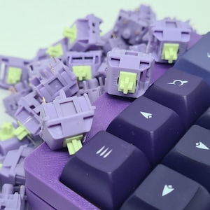 May include: A close-up of a purple keyboard with a row of purple mechanical keyboard keycaps. The keycaps have a light green accent.