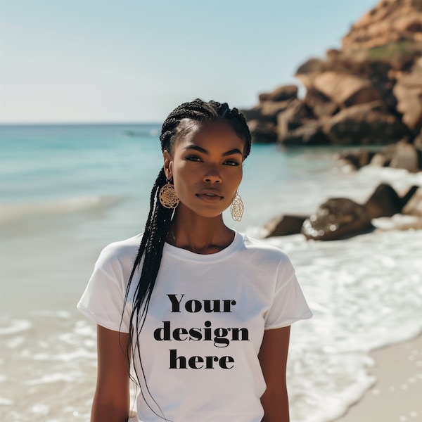 Summer white t-shirt mockup black woman braided hair braids tee mockups front view tropical beach nature spring summer ocean diverse model