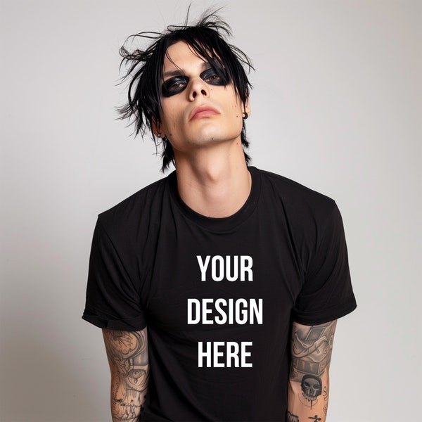 Goth black t-shirt mockup alternative gothic man tee mockups front view rock punk metal studio shot tattoos