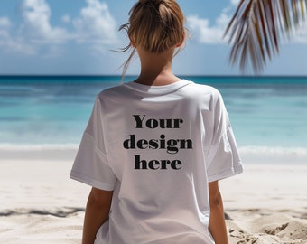 Summer white t-shirt mockup blonde white woman tee mockups back view tropical beach nature spring summer ocean palm trees