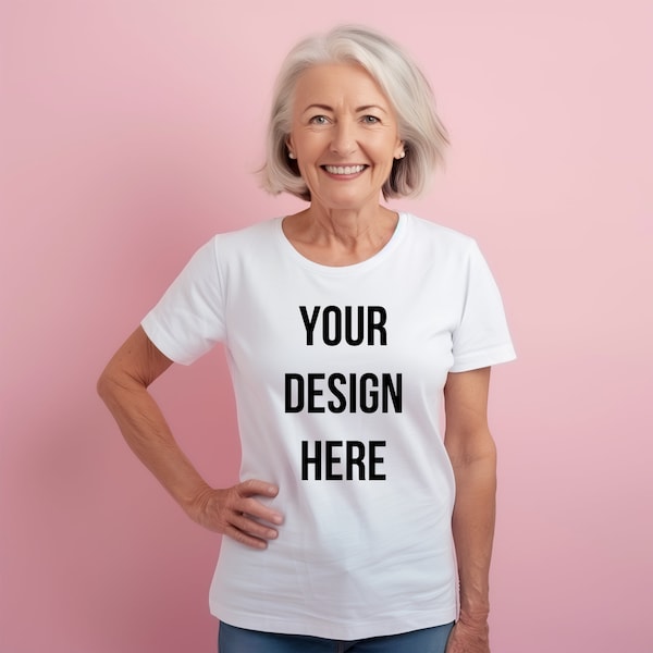 White senior woman white t-shirt mockup simple blank tee mockups front view studio shot light pink background old lady