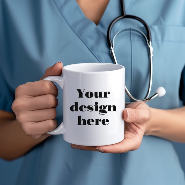 Nurse coffee mug mockup doctor white blank 11 oz coffee mug mockup medical instant download medician emergency services blue uniform vet