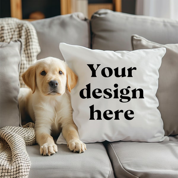 Pillow mockup with puppy dog white styled square blank pillow mockup modern background neutral couch simple instant download jpg file