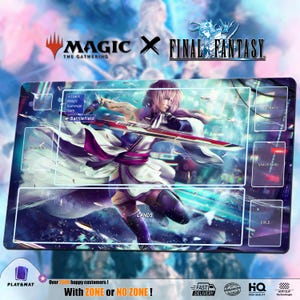 May include: A rectangular playmat featuring a vibrant illustration of a character from Final Fantasy, with the Magic: The Gathering logo. The mat includes designated zones for gameplay, with text labels. The design incorporates a dynamic action scene with a color palette of blues, purples, and whites.