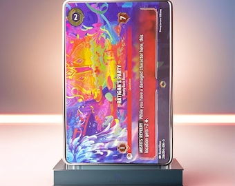 May include: A card game card with a colorful illustration of a party scene. The card is titled "Ratigan's Party" and has a power level of 7. The card text reads "While you have a damaged character here, this location gets +2."