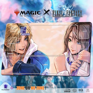 Op de afbeelding: Een Magic: The Gathering en Final Fantasy speelmat met anime-stijl illustraties van twee personages. De mat heeft aangewezen zones voor gameplay, met tekstlabels waaronder "Commander", "Lands" en "Battlefield".