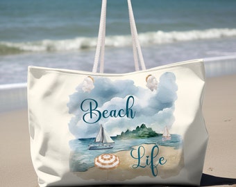 Beach Life Watercolor Weekender Bag, Overnight bag, weekend tote, Carryon Bag, Watercolor Travel bag, Ivory Pale yellow background