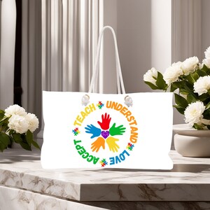 Autism Awareness Weekender Bag: Colorful Hands Symbol Support Tote