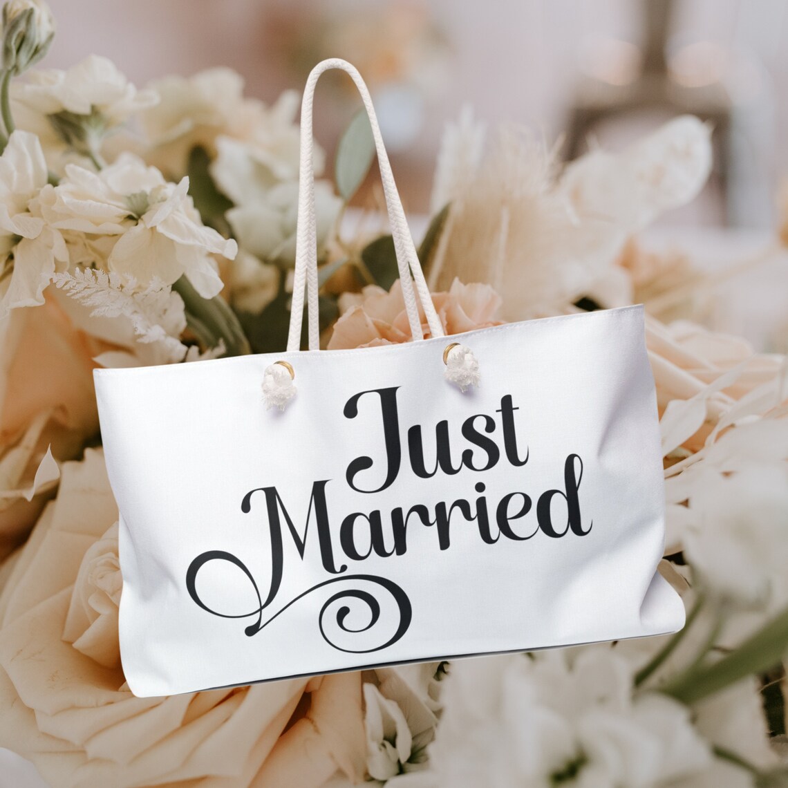 "Just Married" Cotton Tote Bag - Reusable Shopper Bag With Cartoon Design - View #6