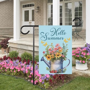 Hello Summer Garden Flag: Floral Watering Can Yard Decor