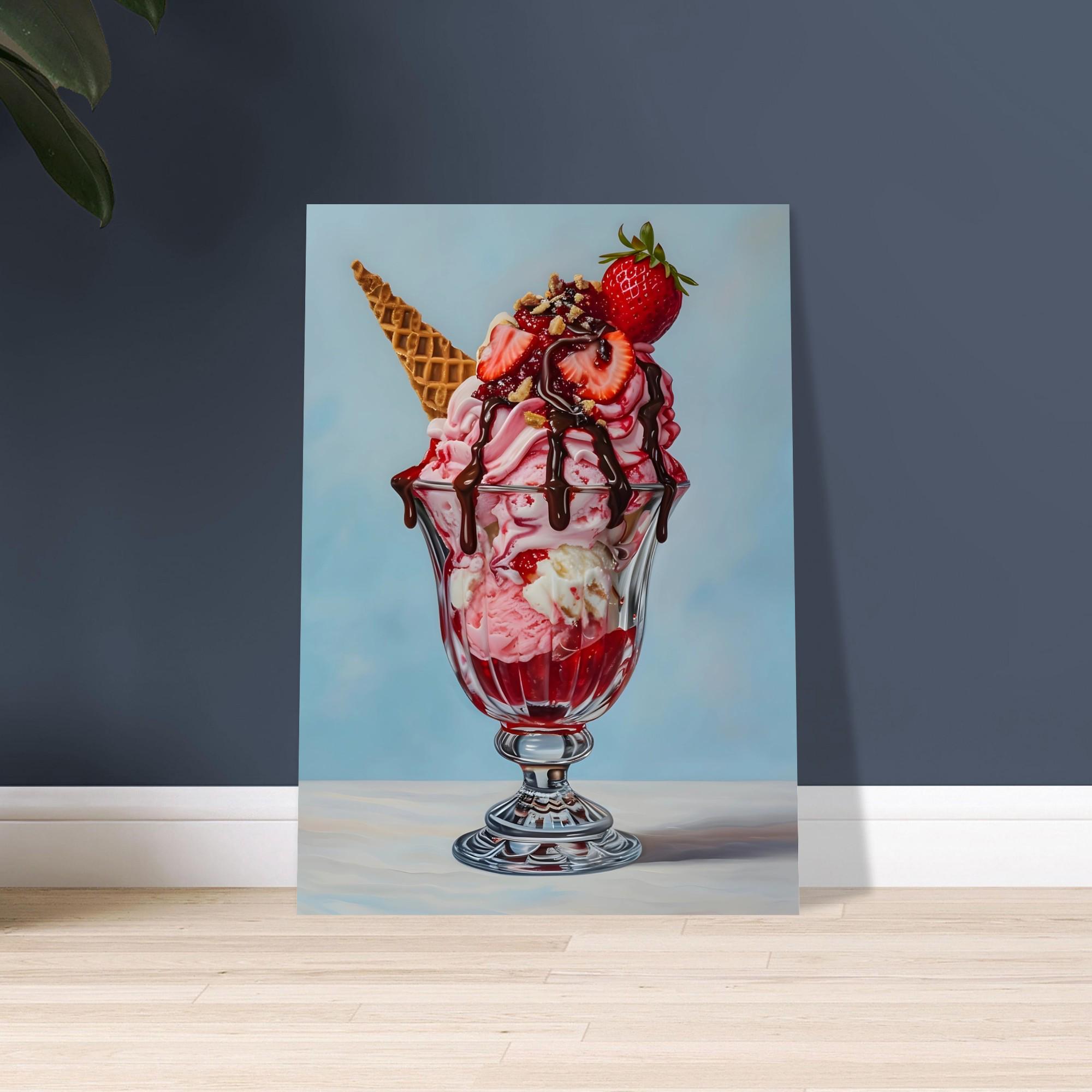 Eisbecher mit Erdbeeren Poster - Druck auf Mattem Papier - Perfekte Wanddekoration