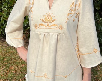 Vintage Hand Embroidered Gold and Yellow Tablecloth Tunic / Cotton Blend/ Women’s Boho Fashion / Sustainable / Upcycled / CoraDor Clothing