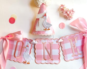 One Silly Goose First Birthday Party Decor Highchair Banner & Party Hat Bundle