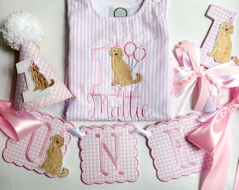 EIN Goldenes Jahr Erster Geburtstag Bündel - Hündchen Rosa Gingham Thema für Mädchen - Hündchen erster Geburtstag Mädchen Golden Retriever Geburtstag