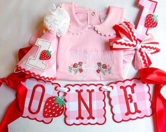 Berry First Birthday Banner, Hat, Cake Topper or Party Bundle – Strawberry Theme Girl First Birthday Decorations – 1st Birthday Decor