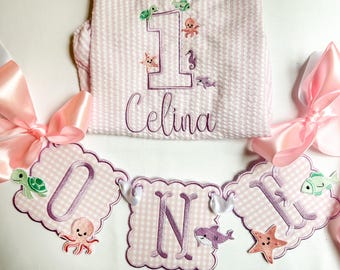 ONEder the Sea First Birthday Banner & Outfit – Pink Gingham Under the Sea Theme for Girls - baby girl first birthday summer