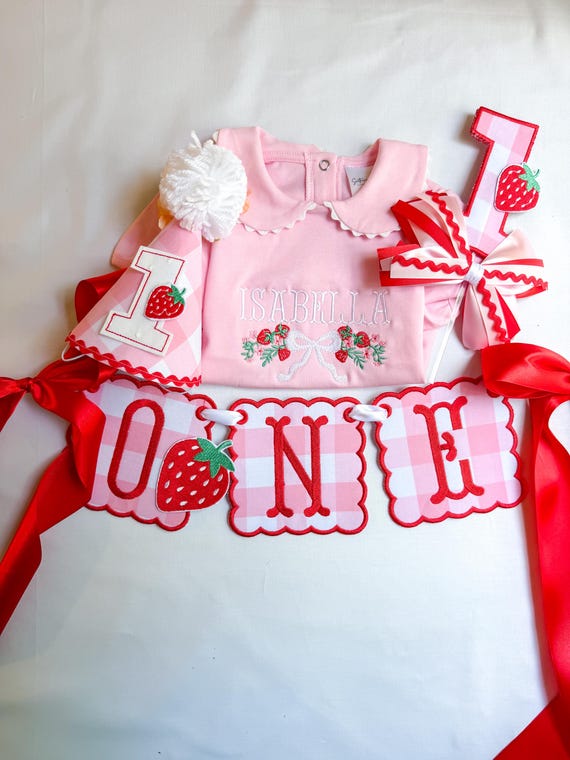 Berry First Birthday Banner, Hat, Cake Topper or Party Bundle – Strawberry Theme Girl First Birthday Decorations – 1st Birthday Decor