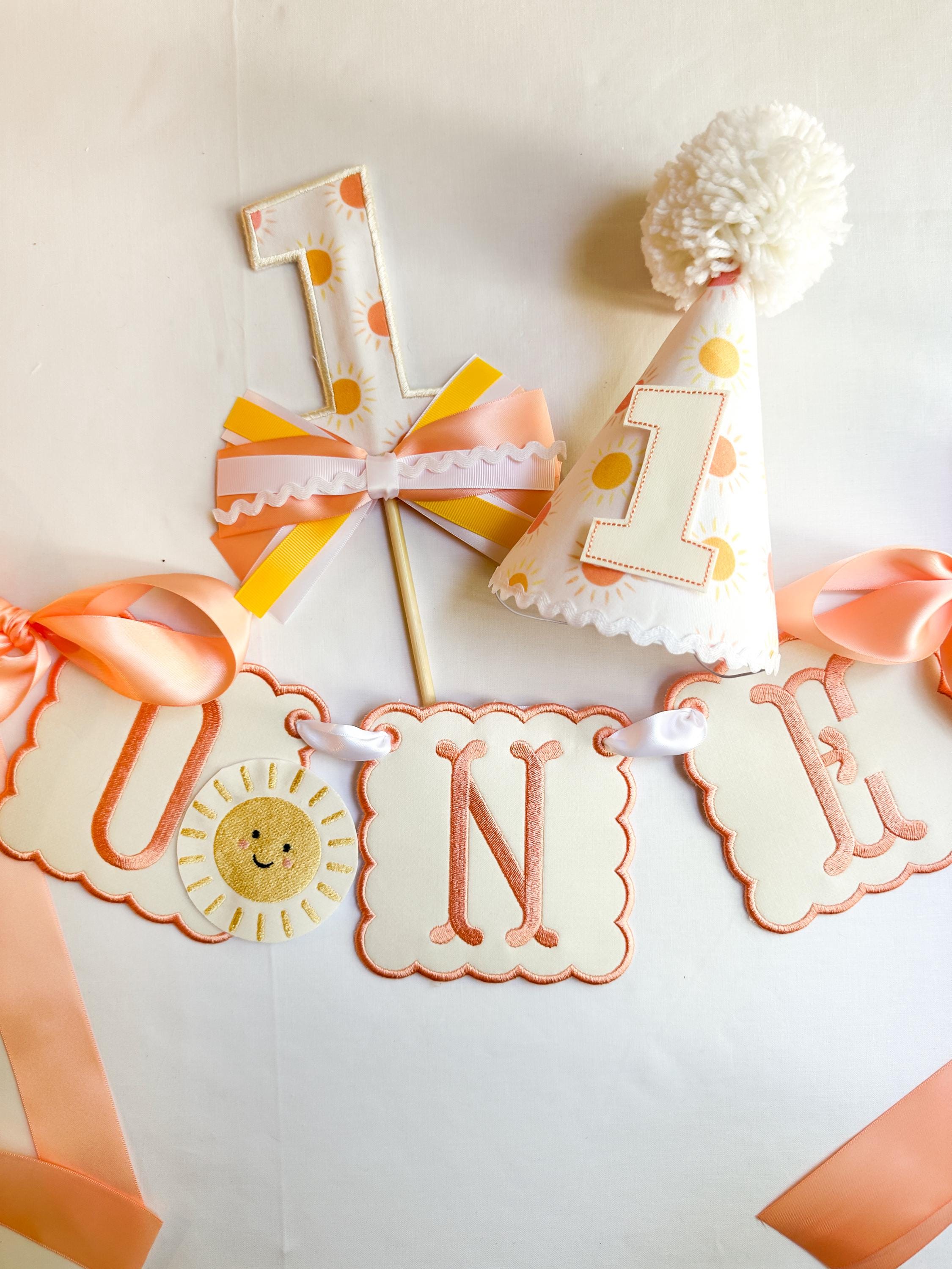 One in the Sun First Birthday Highchair Banner & Party Hat Bundle - one in the sun birthday theme, baby girl first birthday summer