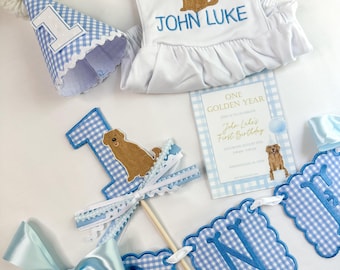 ONE Golden Year First Birthday Bundle – Puppy Dog Blue Gingham Theme for Boys - puppy dog first birthday boy golden retriever birthday theme