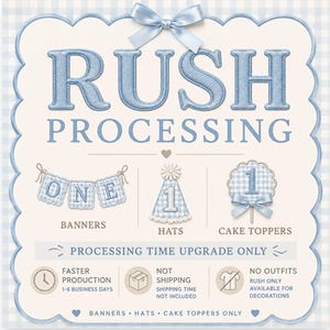 May include: A light blue and white gingham patterned sign with a scalloped edge and a light blue bow at the top. The text reads RUSH PROCESSING, BANNERS, HATS, CAKE TOPPERS, and includes icons for faster production, shipping, and clothing exclusions.