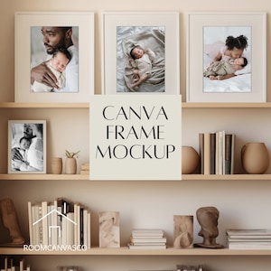 May include: A mockup of a white picture frame on a shelf with books and decorative items. The text "CANVA FRAME MOCKUP" is displayed on the frame.