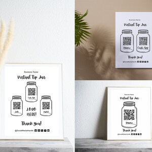 May include: A black and white printable sign with the text "Virtual Tip Jar" and a graphic of four mason jars with QR codes. The text "1096 HERE!" is below the jars. The sign also includes the text "Thank You!" and social media icons.